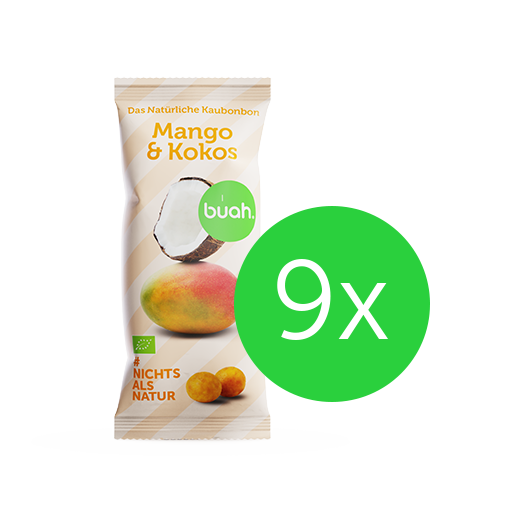 Produktbild Mango-Kokos Kaubonbon von buah mit Badge 9x