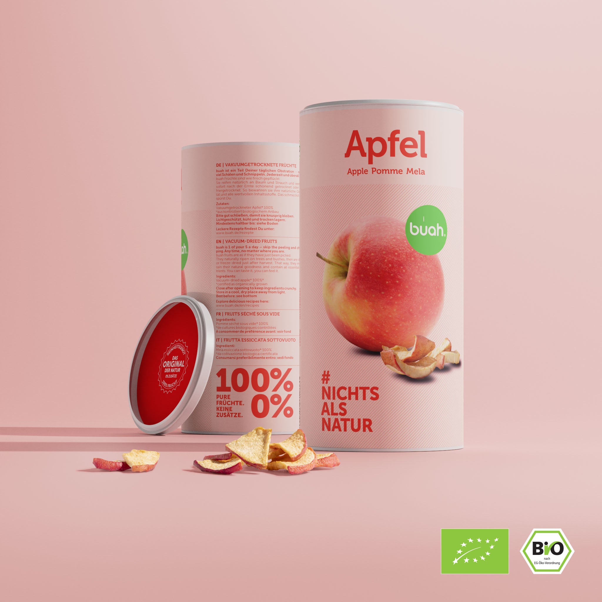 buah grosse Dose vakuumgetrockneter Apfel mit Apfel Stuecken vor der Dose