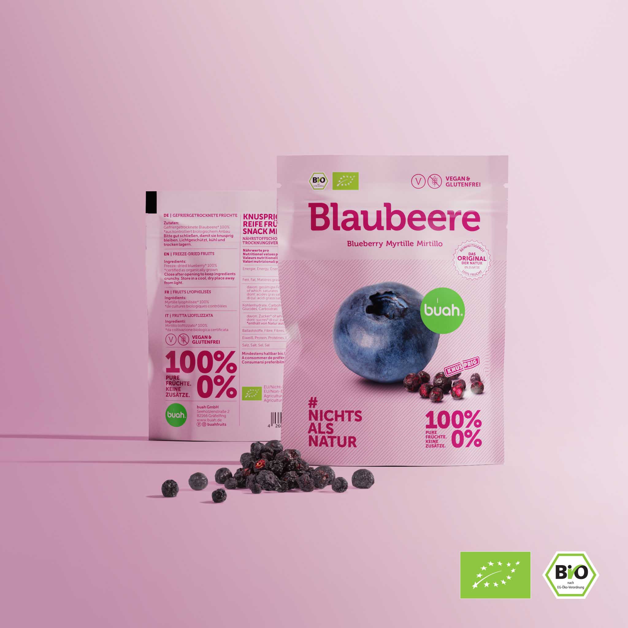 bouh Coffret snack Myrtille avec certification biologique sur fond rose