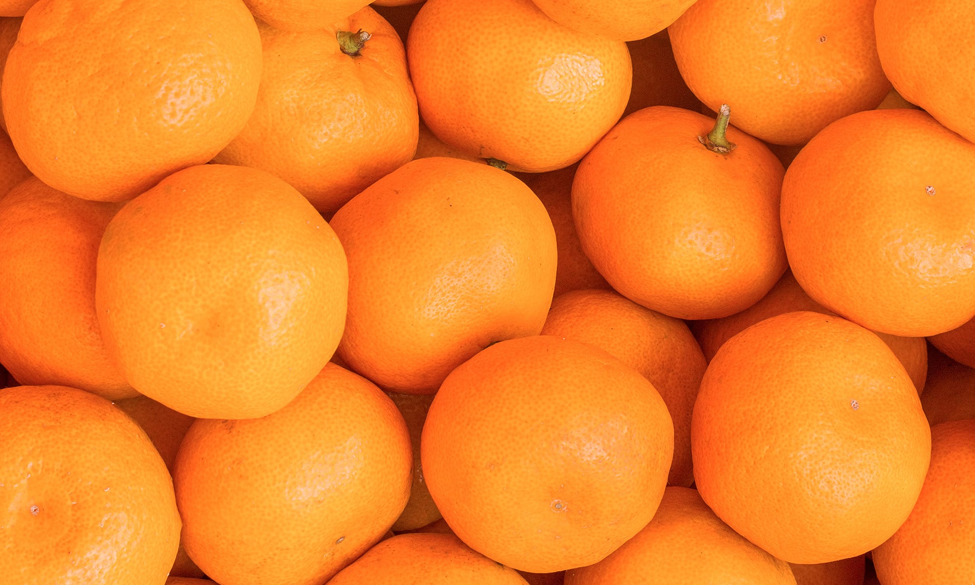 Nahaufnahme vieler satter orangenen Mandarinen nebeneinander und aufeinander