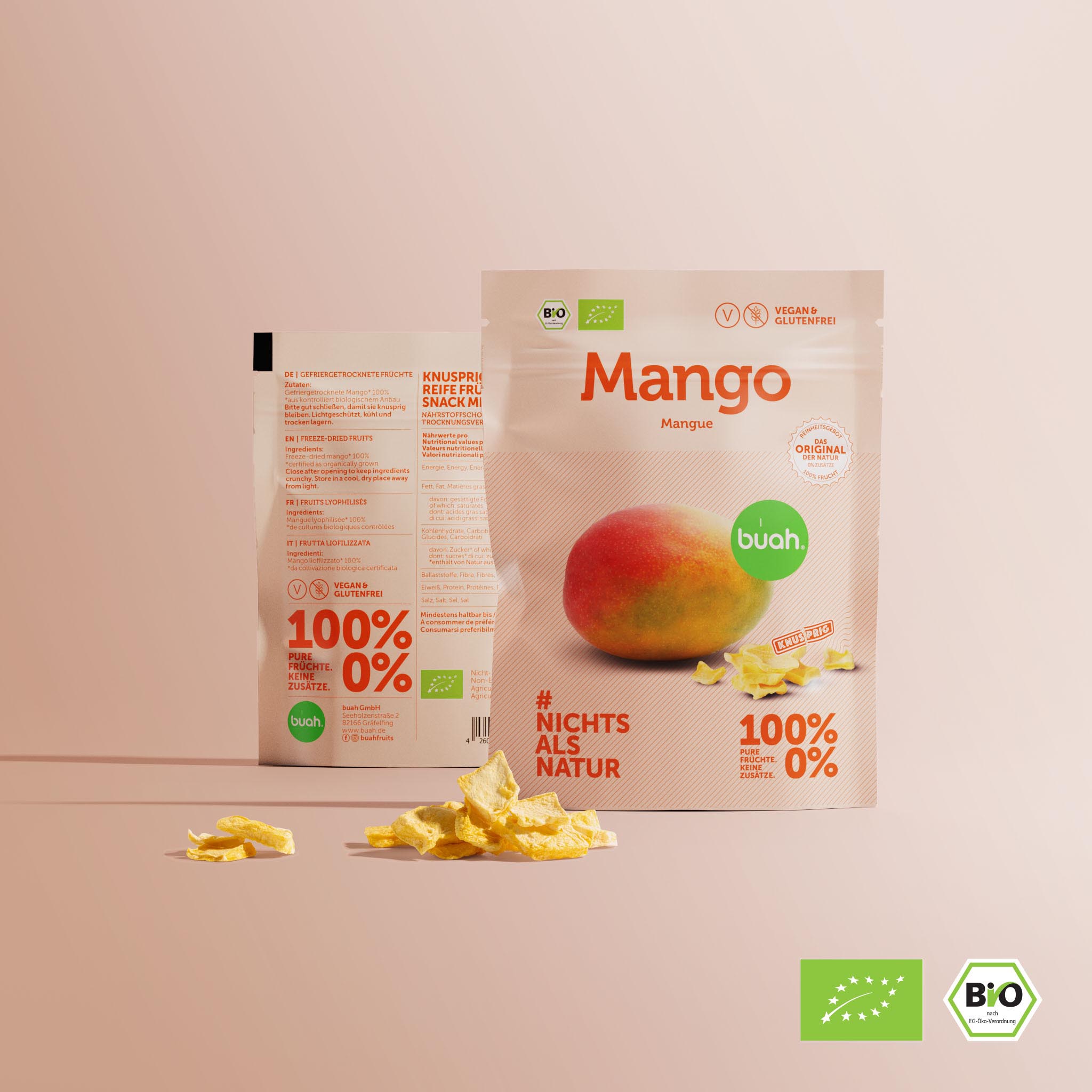 buah mangue lyophilisée dans le Coffret snack avec un petit tas de mangue lyophilisée au premier plan