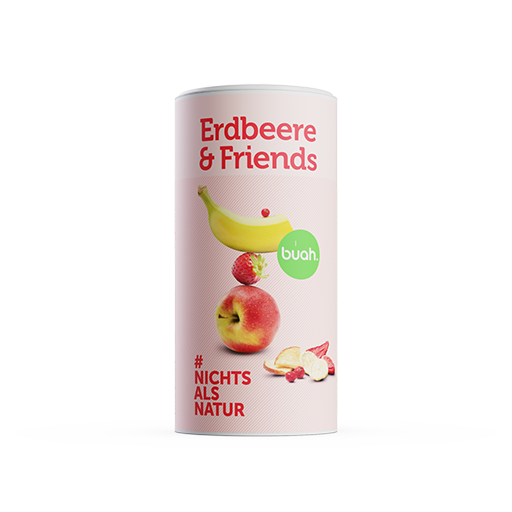 Zwei Dosen Erdbeere & Friends von buah nebeneinander stehend vor rosa Hintergrund