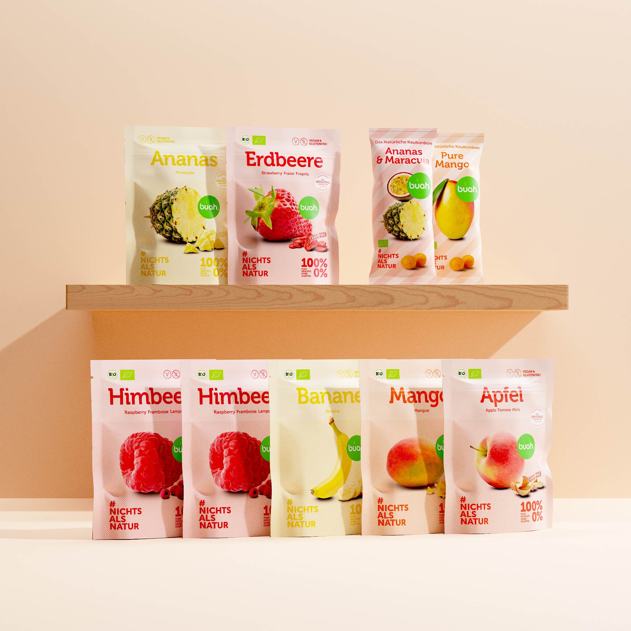 buah Family Probier-Set mit verschiedenen Snackpacks und Kaubonbons perfekt als Probier-Paket und fĂŒr unterwegs