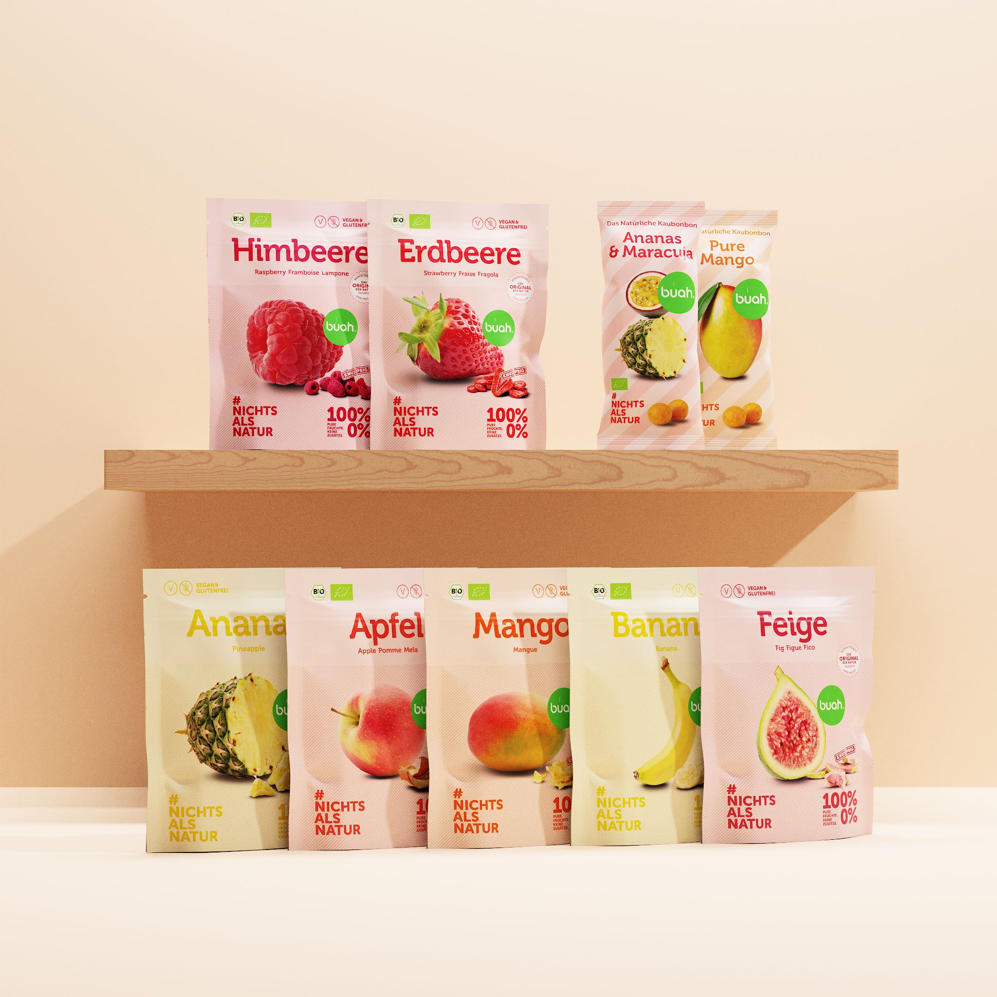buah Family Probier-Set mit verschiedenen Snackpacks und Kaubonbons perfekt als Probier-Paket und fĂŒr unterwegs