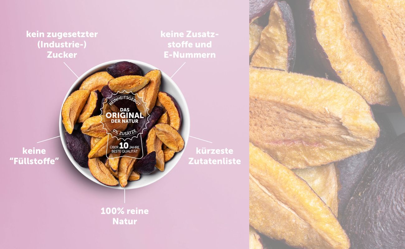 buah gefriergetrocknete Pflaume in sattem lila als Hintergrund in transparent, davor Abbildung einer Schale mit buah gefriergetrockneter Pflaume und 10 Jahre Reinheitsgebot Sigel, darum Stichpunkte zu buah