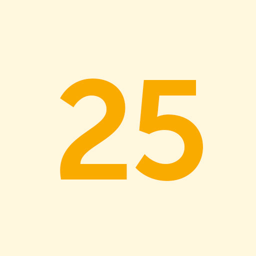 25 in dunkelgelben Ziffern auf pastell-farbigem gelbem Hintergrund