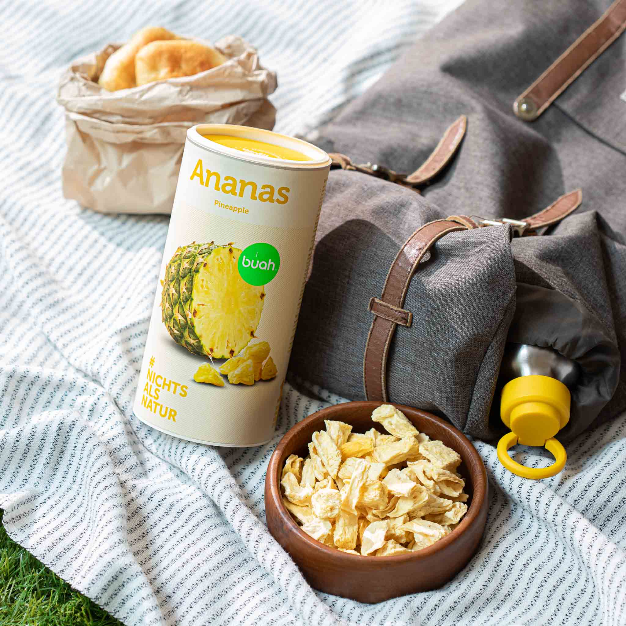 Dose buah Ananas steht neben Schale mit gefriergetrockneter Ananas und Rucksack auf einer Picknickdecke