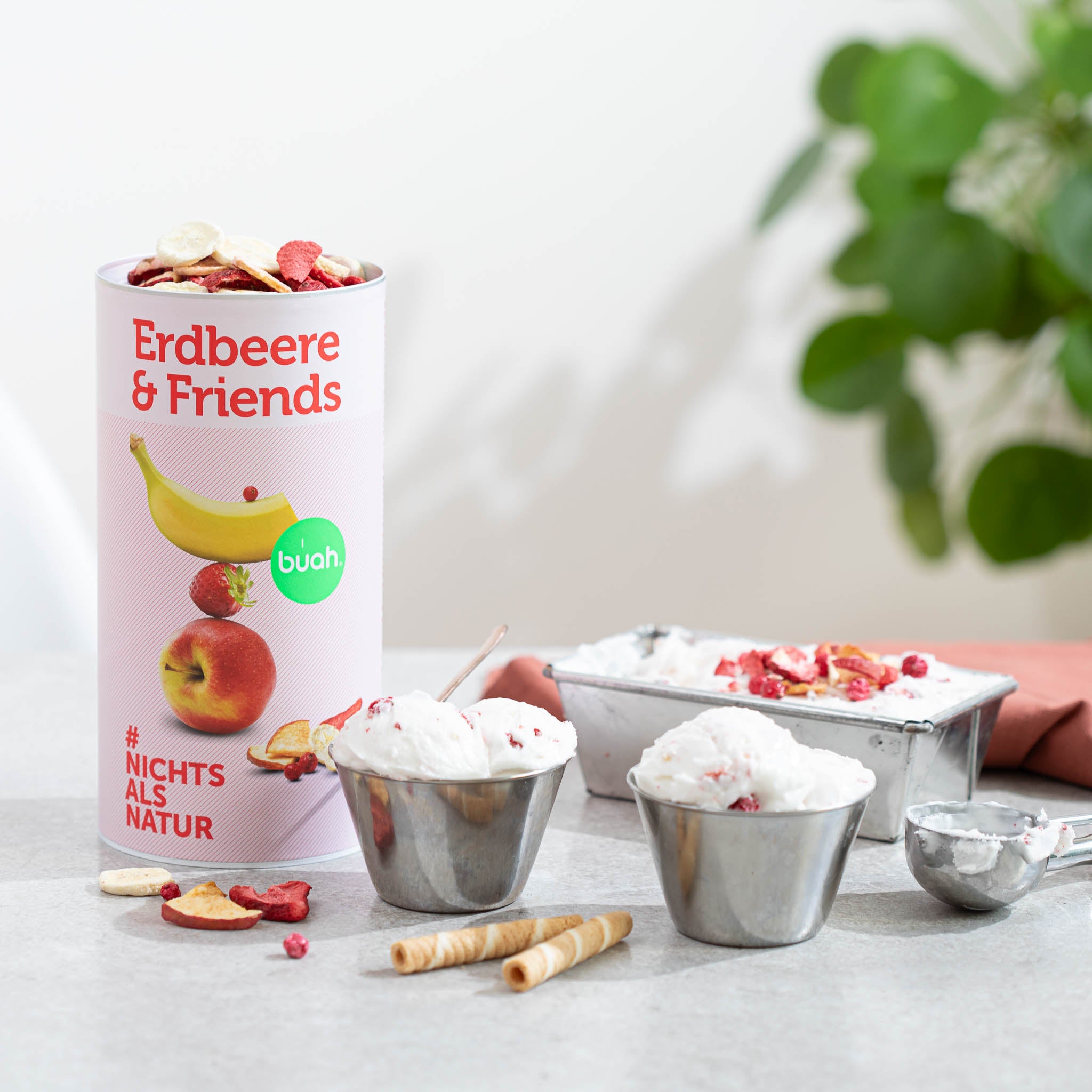 buah Dose Erdbeere & Friends steht neben zwei Eisbechern mit buah gefriergetrockneten Fruechten als Topping
