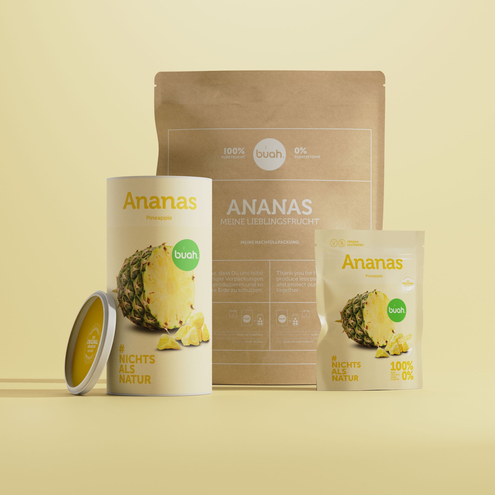 buah gefriergetrocknete Ananas in den Varianten Snackpack, grosse Dose und Vorteilspackung nebeneinander
