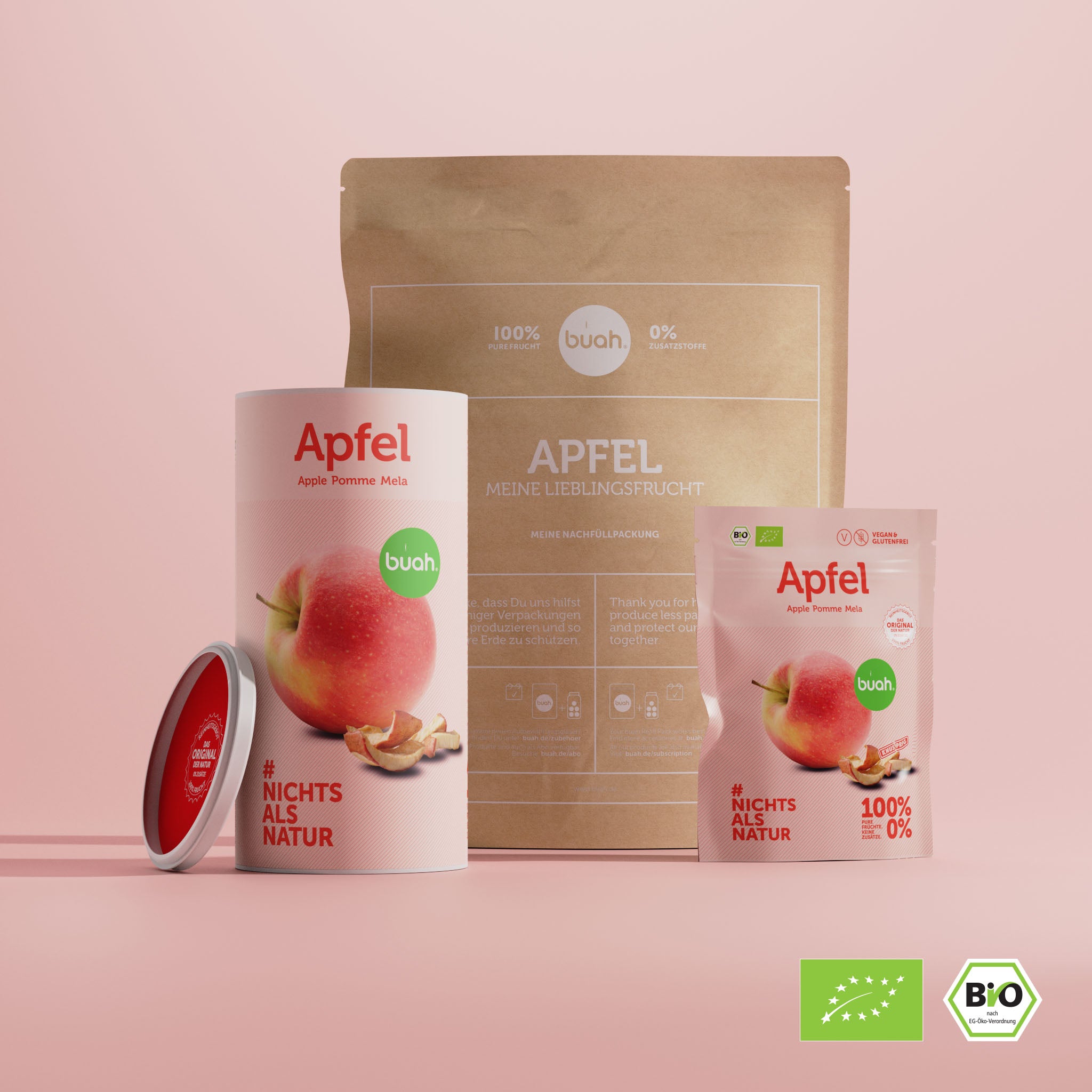 buah vakuumgetrockneter Apfel in den Varianten Snackpack, grosse Dose und Vorteilspackung