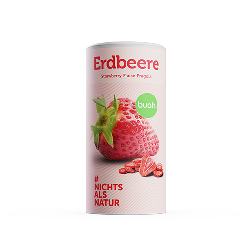 Zwei buah Dosen Erdbeere nebeneinander vor rosa Hintergrund mit getrockneten Erdbeeren im Vordergrund 