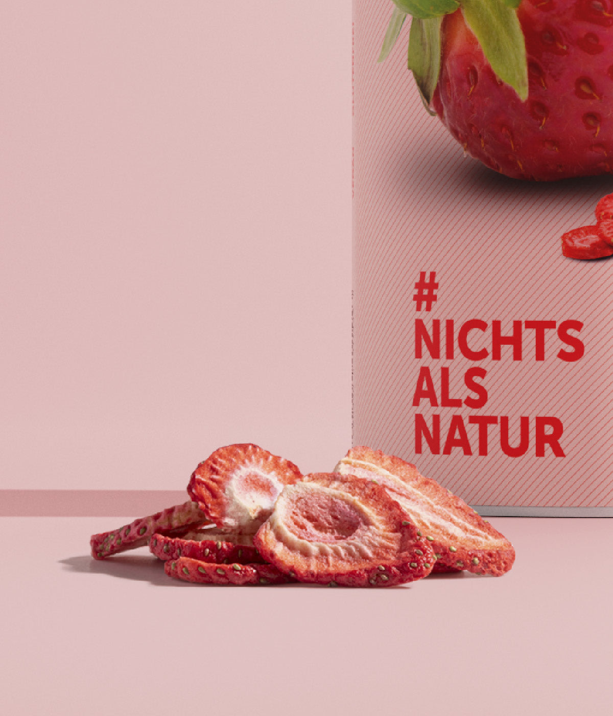 Dose buah Erdbeeren mit einem kleinen Haufen gefriergetrockneter buah Erdbeeren im Vordergrund