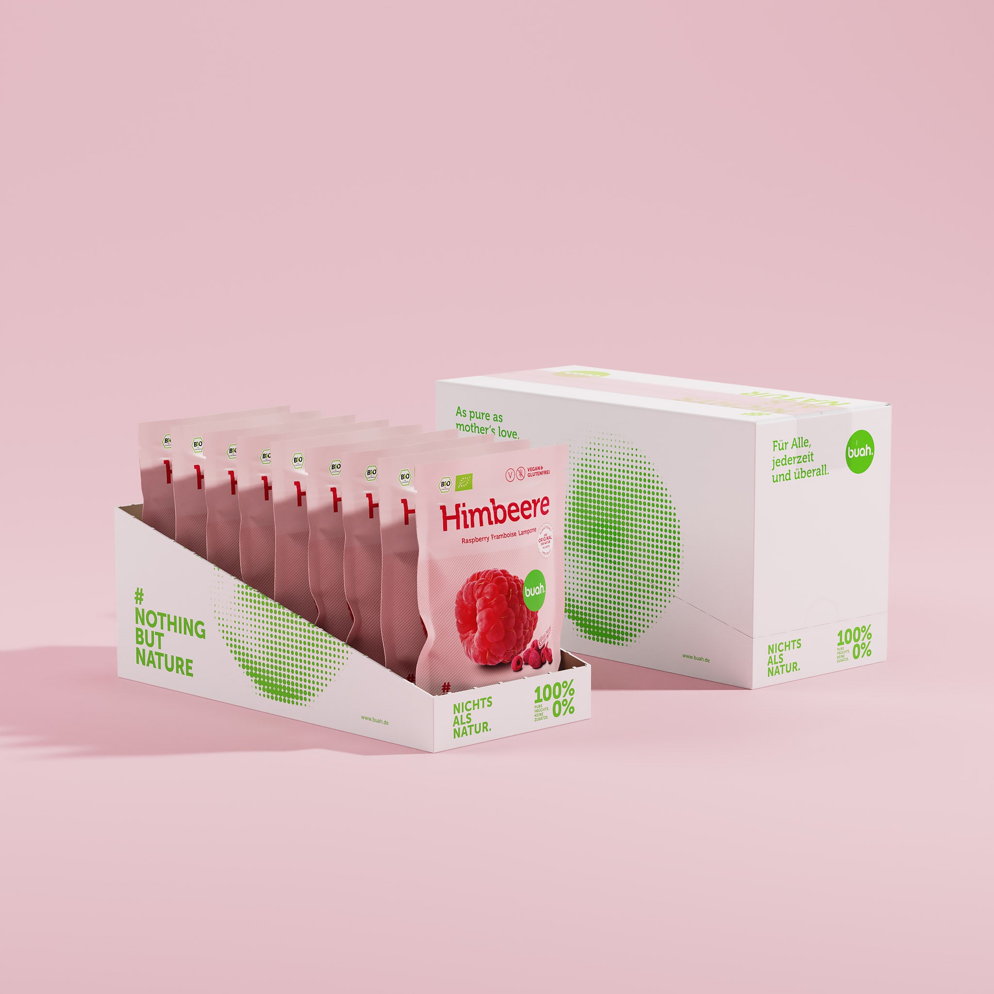 9 buah Snackpacks Himbeere hintereinander aufgestellt in einer Box aus weisser Pappe