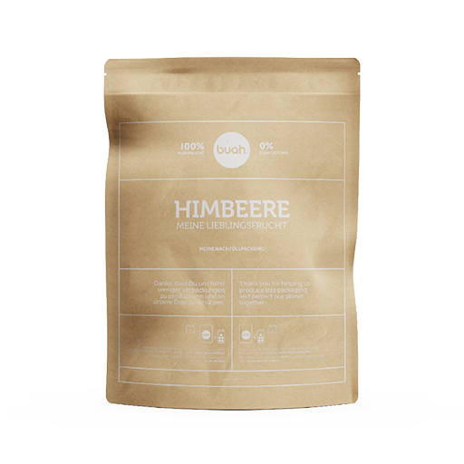 Vorteilspackung der buah Himbeeren als braune wiederverschliessbare Papierpackung