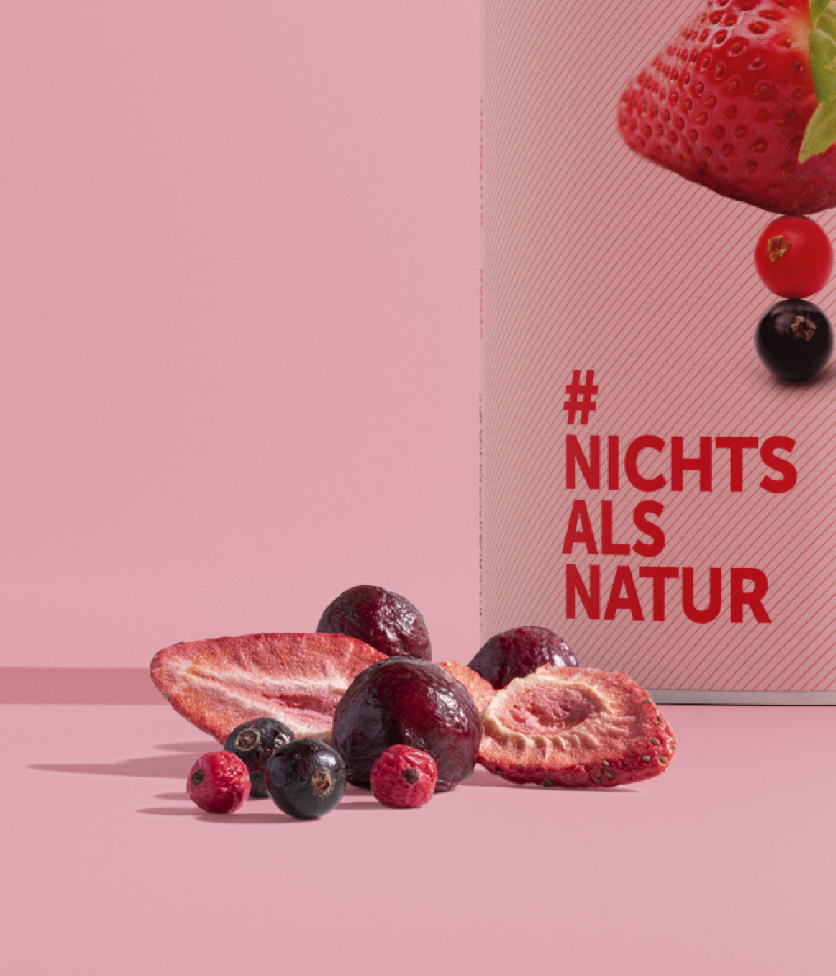 Mischung aus gefriergetrockneten Fruechten mit Erdbeere, Sauerkirsche, schwarzer und roter Johannisbeere vor buah Dose