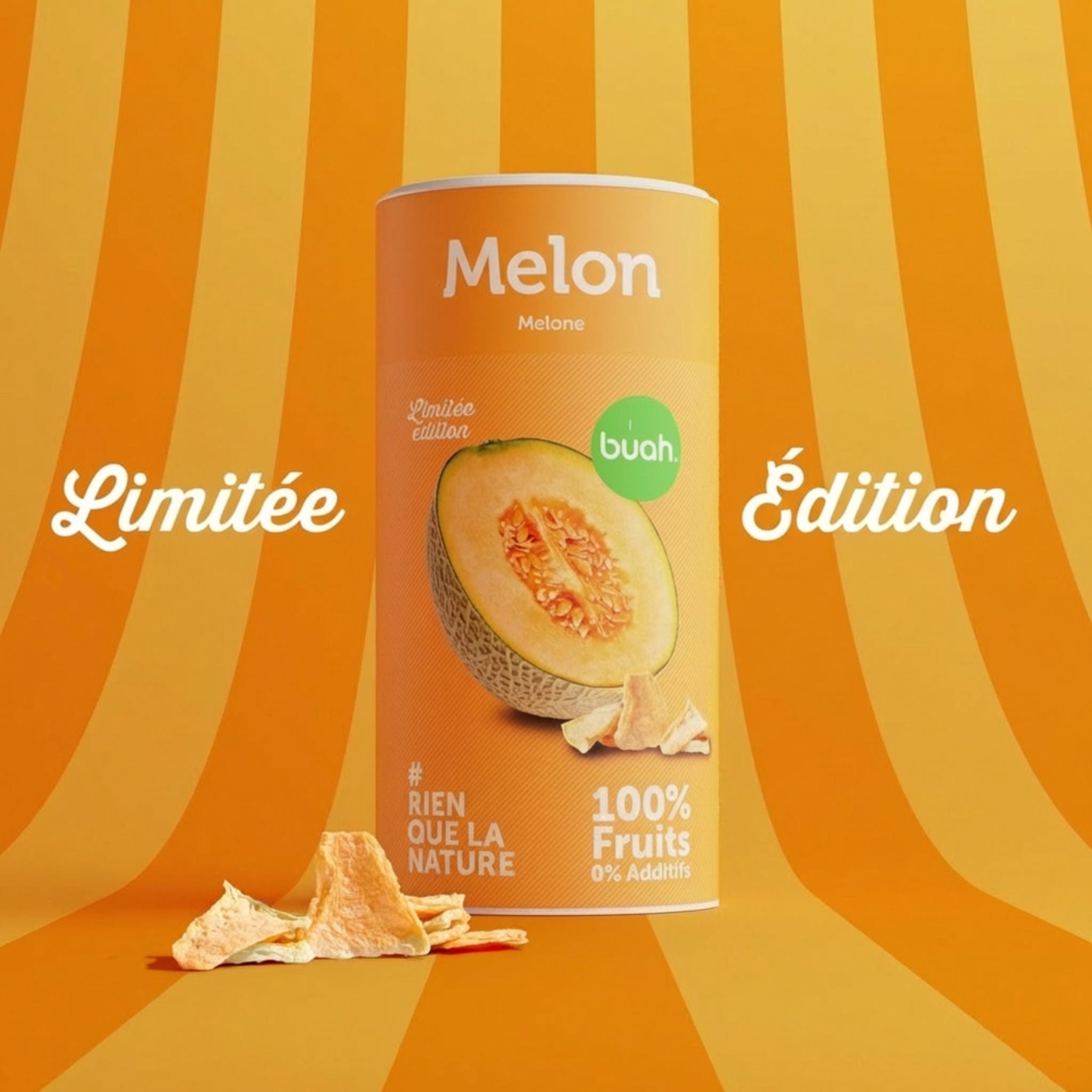buah gefriergetrockneten Melone in der grossen orangenen Dose als limitierte Edition vor gelb orange gesteiftem Hintergrund mit dem Schriftzug Limited Edition. FRENCH