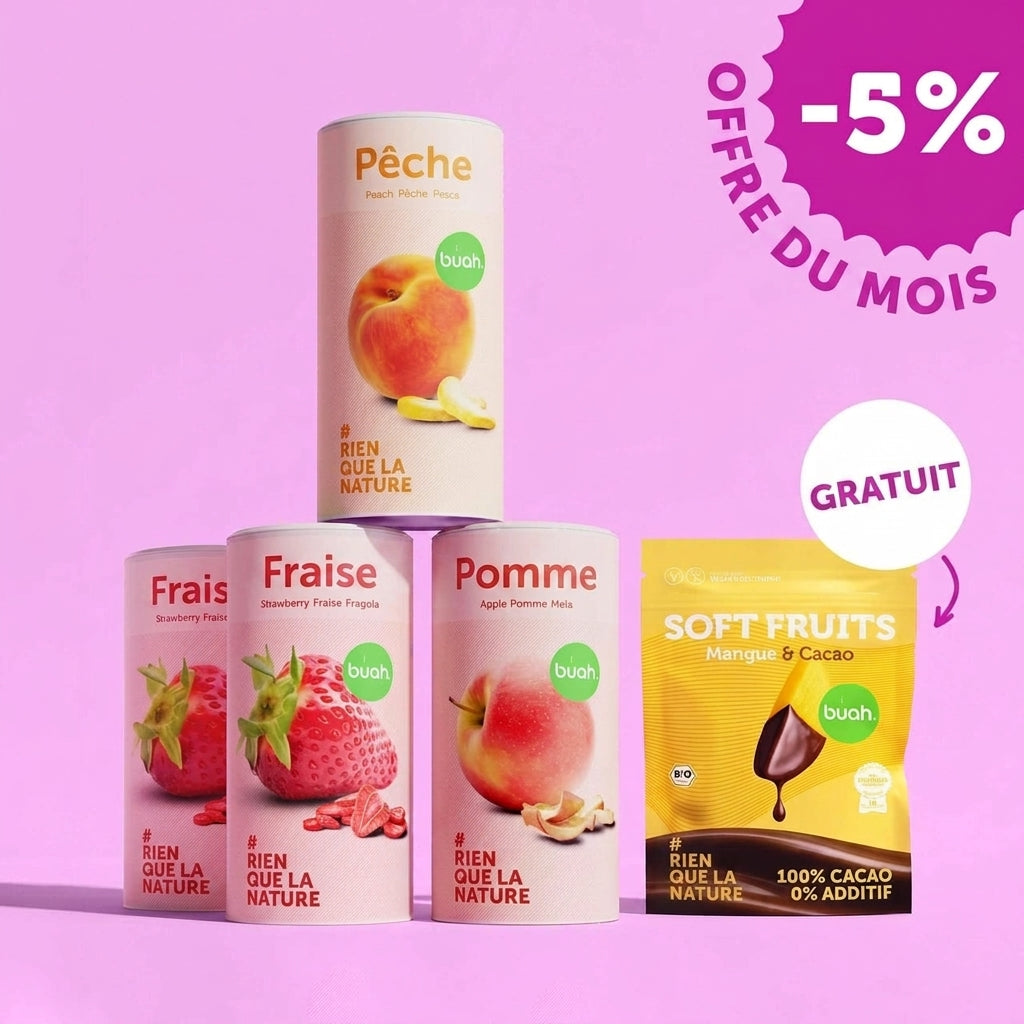 Une pyramide de trois grandes boîtes de fruits lyophilisés buah (la pêche est posée sur la fraise et la pomme). À droite se trouve un sachet de buah Soft Fruits Mangue & Cacao avec une indication « FOR FREE ». En haut à droite, un badge : « -5% OFFERE DU MOIS ».