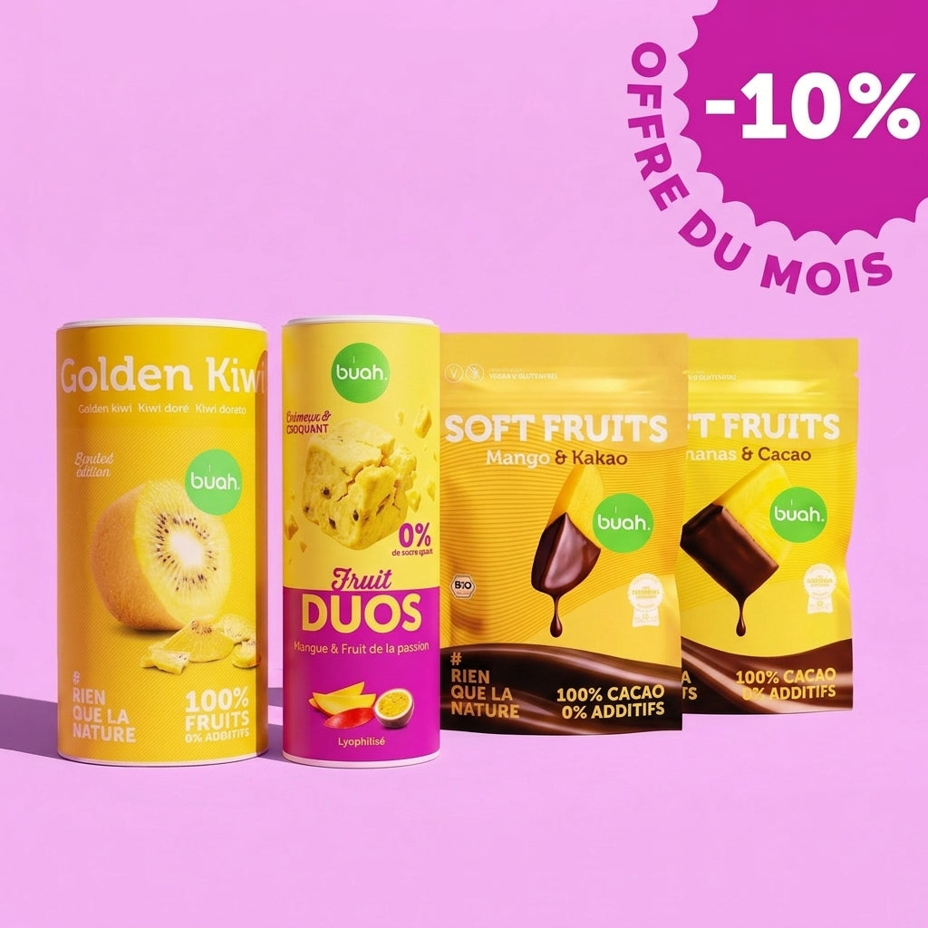 Une boîte jaune de buah Kiwi Doré se trouve à côté de la boîte Slim buah Fruit DUOS Mango & Passievrucht. À droite se trouvent deux sachets jaunes de buah Soft Fruits (Mangue & Cacao et Ananas & Cacao). En haut à droite, un badge : « -10% OFFERE DU MOIS ».