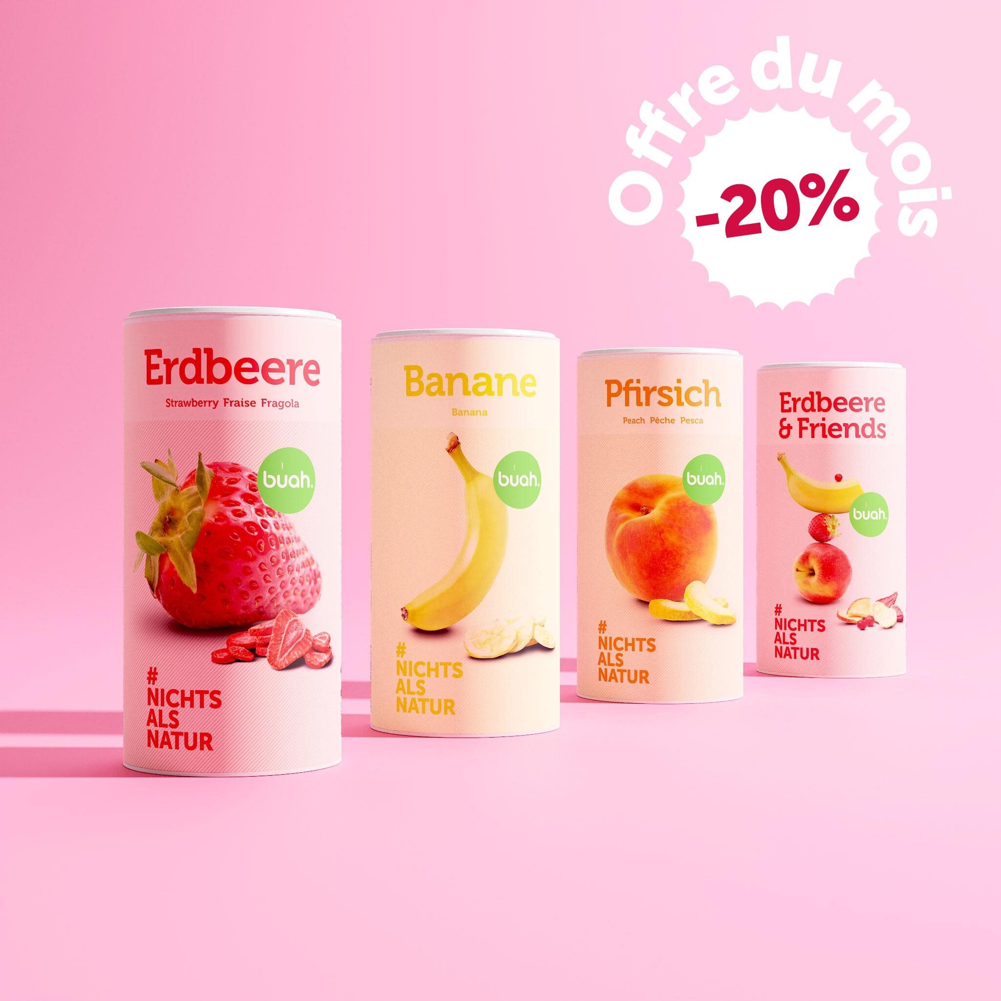 buah Deal des Monats mit 20 % Rabatt bestehend aus 4 grossen buah Dosen in Zylinderform, die nebeneinander stehen vor pinkem Hintergrund - Erdbeere, Banane, Pfirsich und Erdbeere&Friends