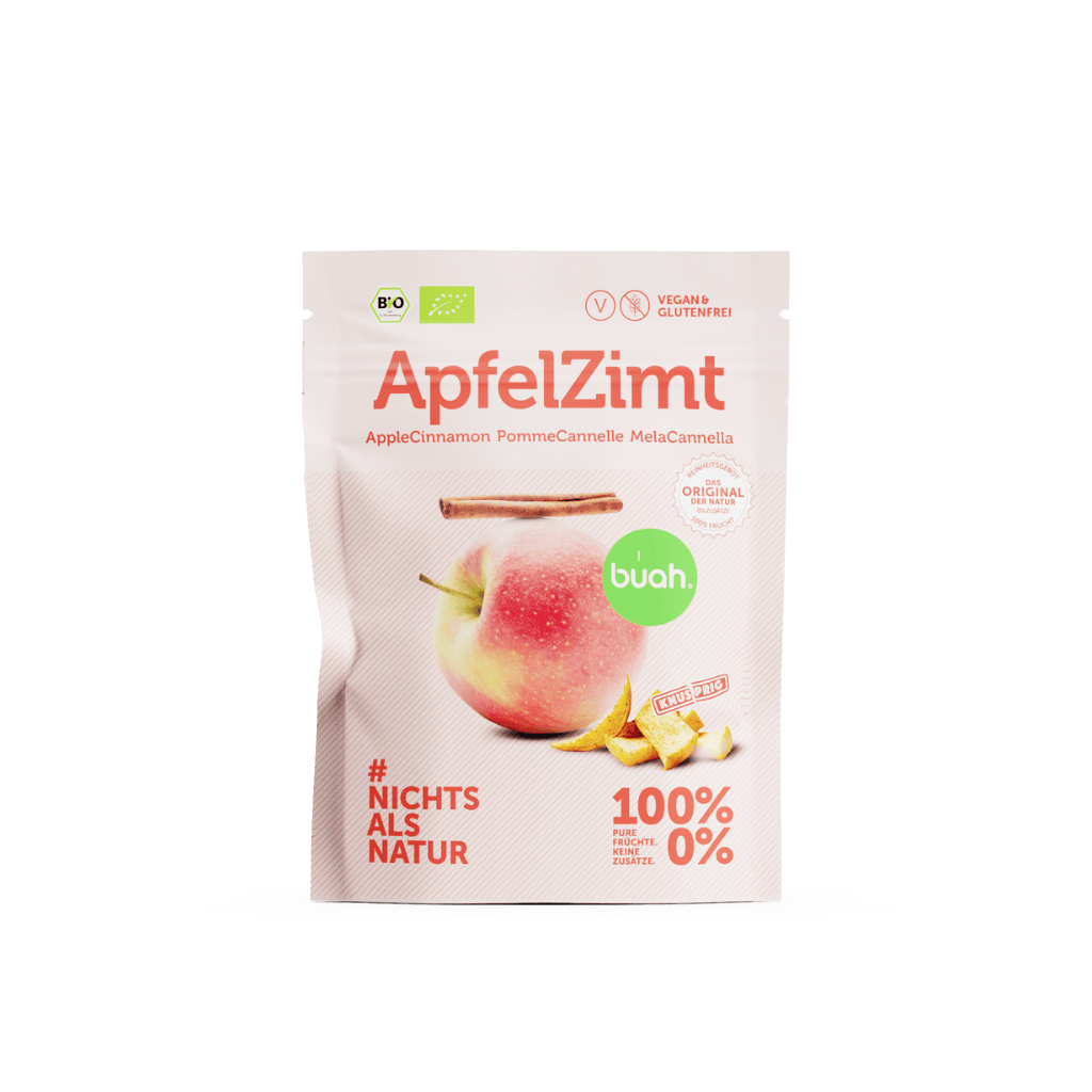 buah ApfelZimt Snackpack Ansicht von Vorne und Hinten, die nebeneinander stehen, kleine Papierpackung, rechteckig, mit der Abbildung eines Apfel, auf dem eine Stange Zimt liegt, rosa Farbtoene