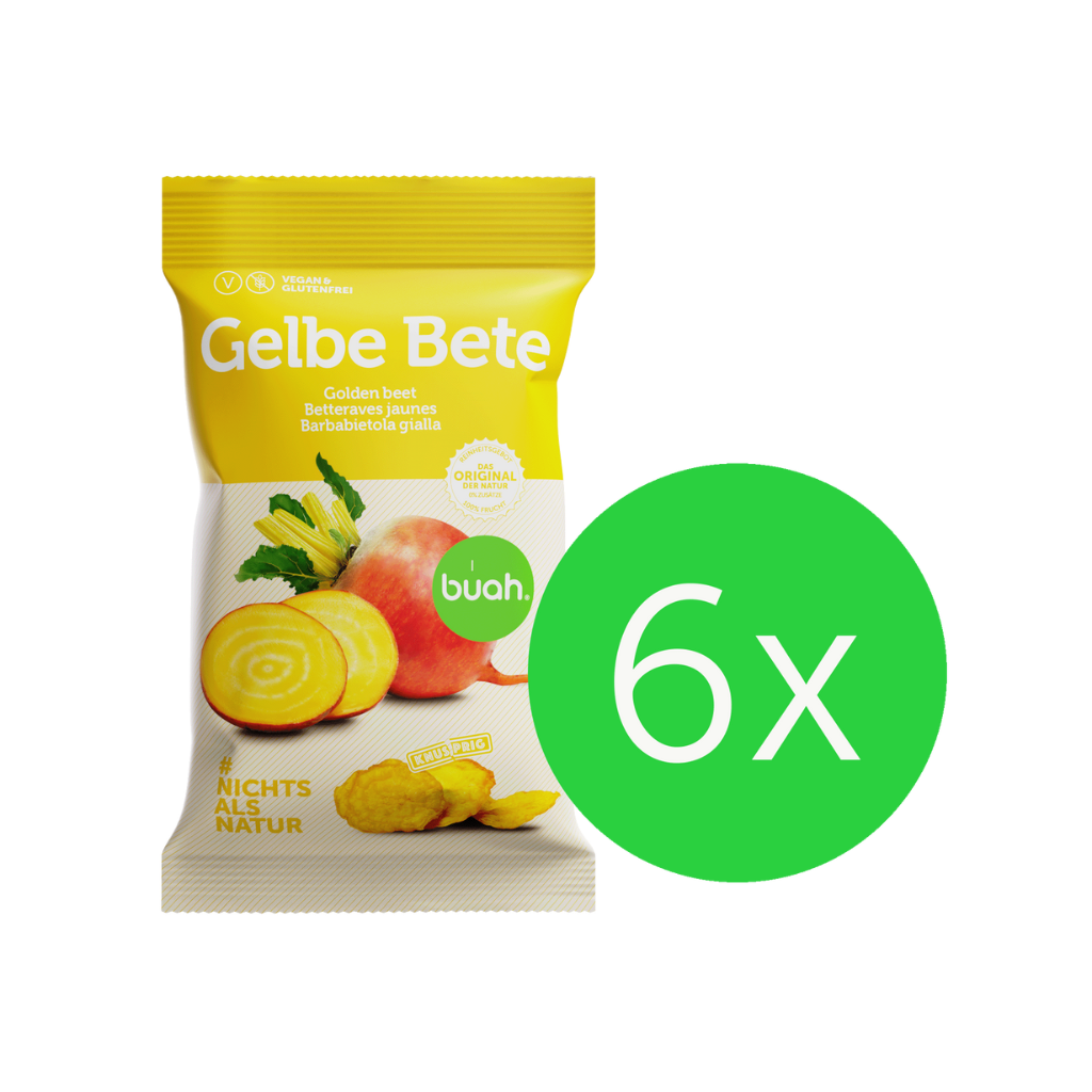 6 Packungen buah Gelbe Bete Gemüsechips von buah in einer weißen Box aufgestellt hintereinander