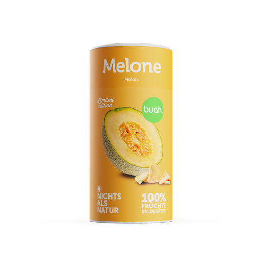 buah Produktansicht Melone. Eine gelbe Dose buah gefriergetrocknete Cantaloupe Melone der Limited Edition steht freigestellt vor einem weißen Hintergrund. Auf der Dose ist eine halbierte Melone und Fruchtstücke abgebildet.
