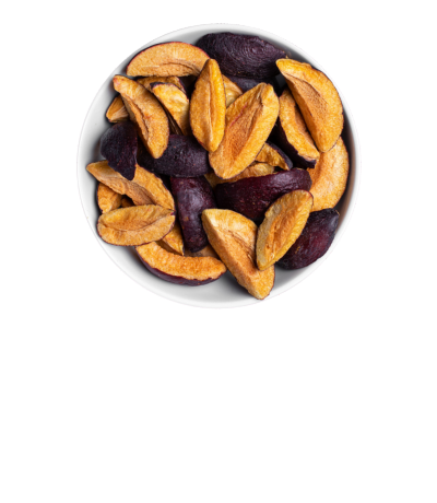 Weisse Schuessel mit buh gefriergetrockneter Pflaume als Icon mit transparentem Hintergrund