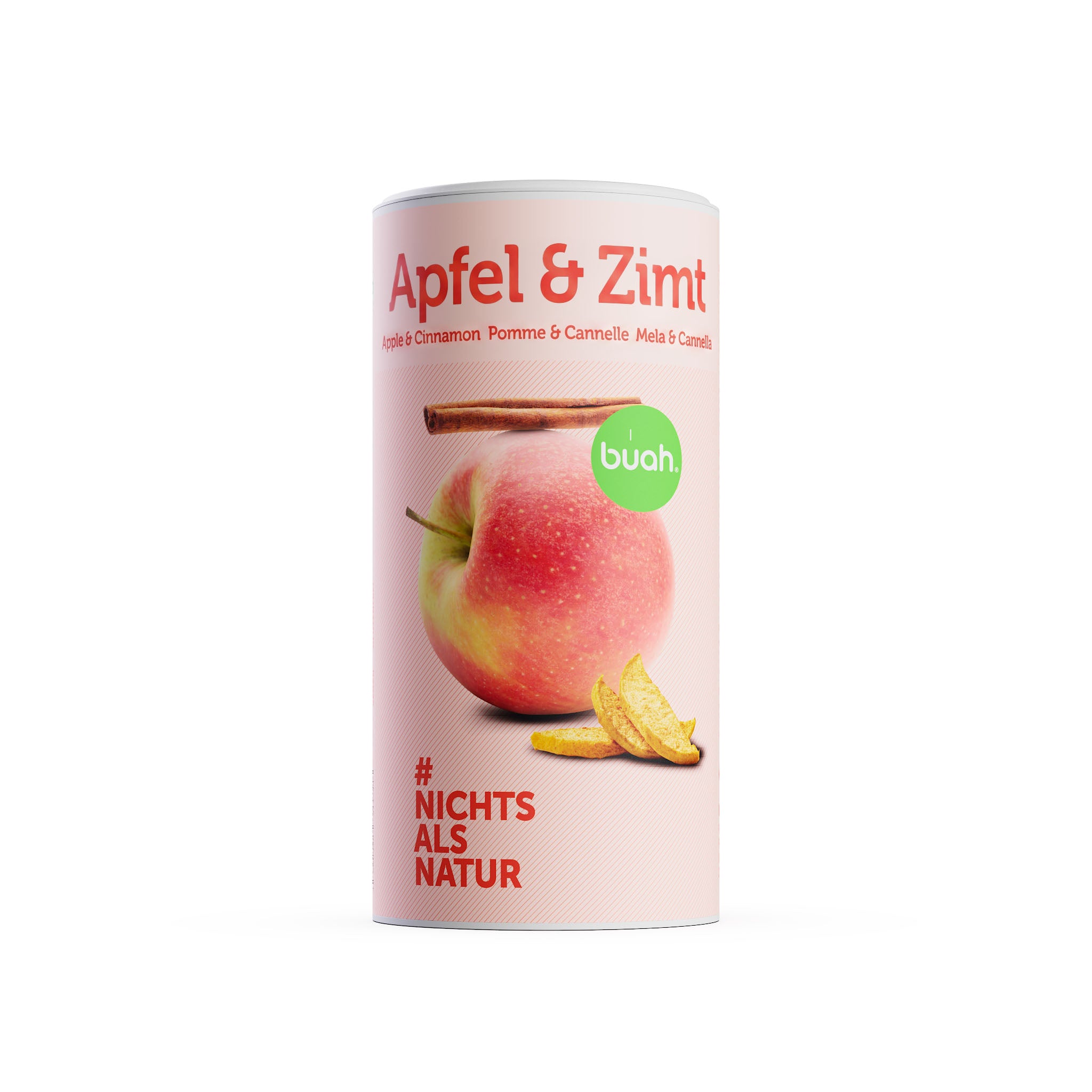 Eine große Dose buah gefriergetrocknete Früchte der Sorte Apfel & Zimt steht freigestellt auf einem weißen Hintergrund. 