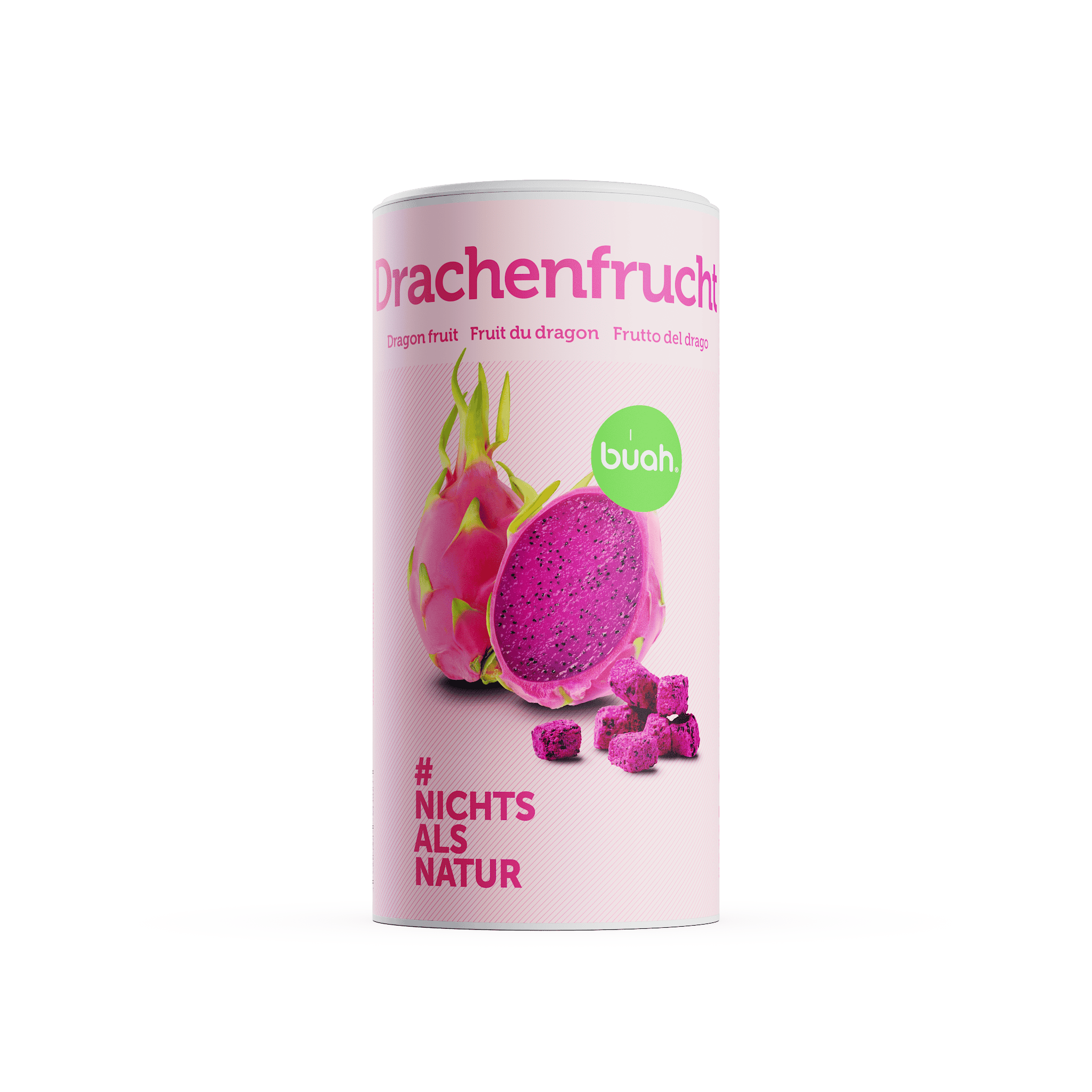 Abbildung der Doe buah Drachenfrucht, pinke Zylinder-foermige Dose mit der Abbildung einer frischen Drachenfrucht auf der Packung